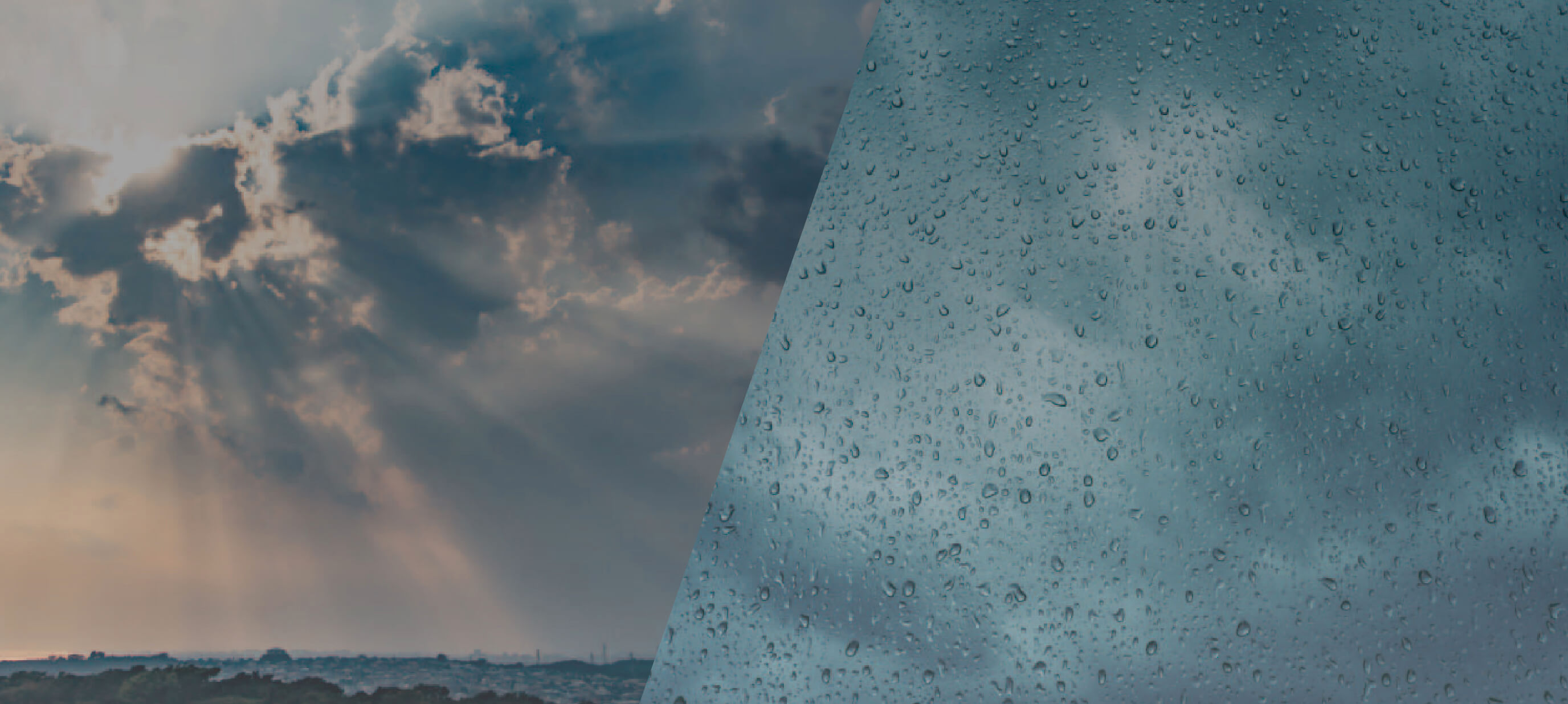 Left half of the image shows bright sunlight streaming down over a landscape, while the right half shows heavy rain falling