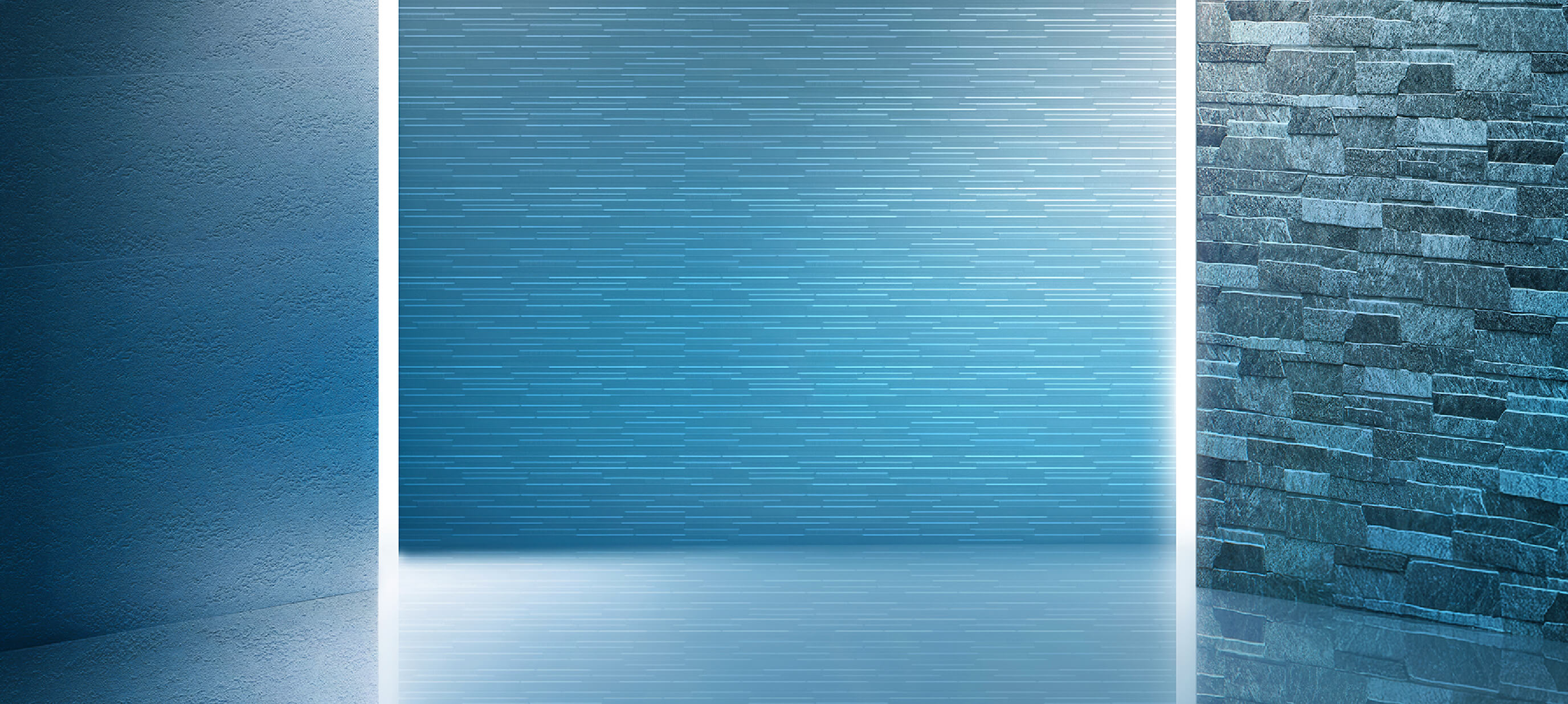 A photograph conveying KMEW’s brand image, featuring three standing blue KMEW panels arranged side by side.