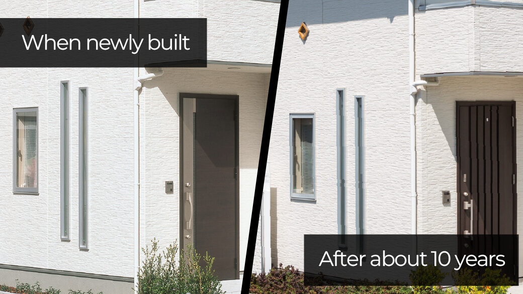 An image comparing exterior walls at completion and after ten years. Even a decade after completion, the façade shows minimal deterioration and retains its aesthetic appeal