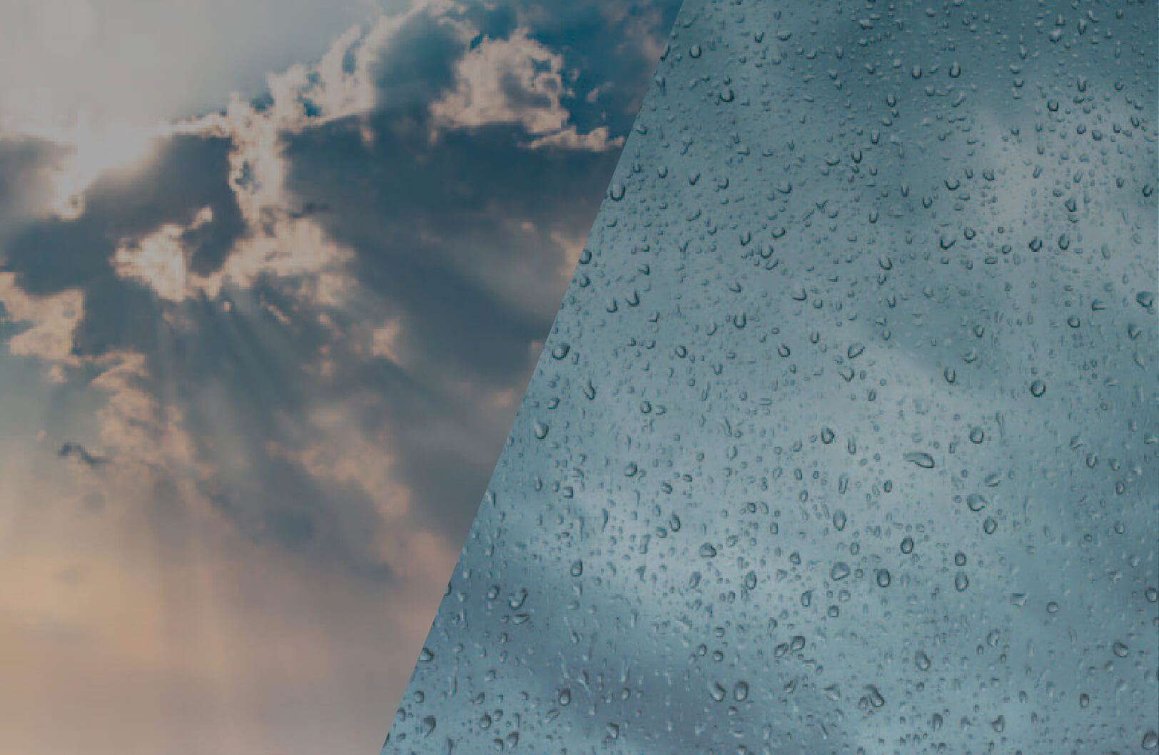 Left half of the image shows bright sunlight streaming down over a landscape, while the right half shows heavy rain falling